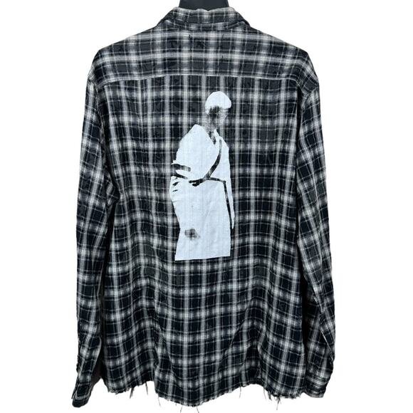 Men's Heliot Emil Plaid Handmade Silk Screen Print Raw Hem Acid Wash Shirt sz XL